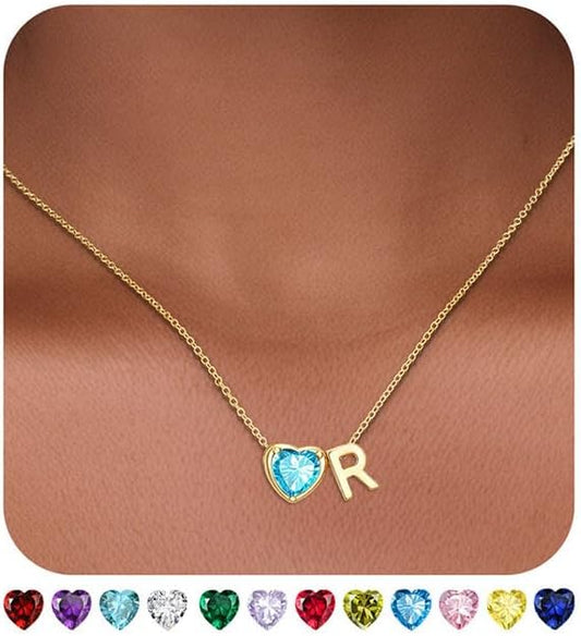 Heart Birthstone Initial Necklace for Women Girls,14K Gold Plated Heart Letter A-Z Necklace Dainty Birthday Trendy Jewelry Gifts for Women Girls Daughter