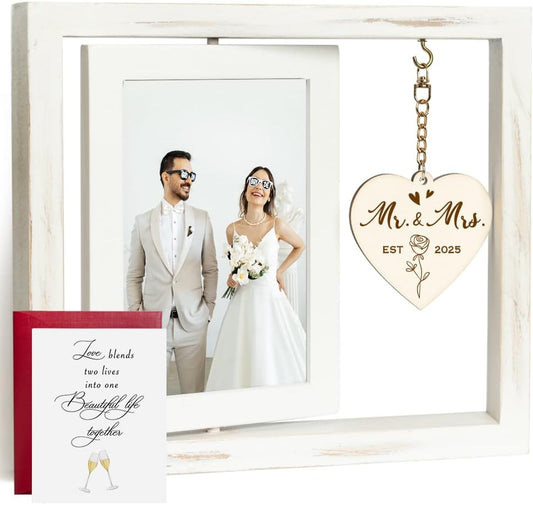 Rotating Wedding EST 2025 Picture Frame 4x6, Mr & Mrs Gifts, Bridal Shower & Engagement Gifts for Couples & Newlyweds