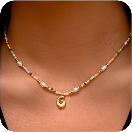 Ritach Initial Necklaces for Women Girls - Christmas Gifts for Grandkids Light Colorful Beaded Pearl Initial Necklace Gold/Silver Bubble Pendant Letter Necklace Stocking Stuffers for Teen Girls Women