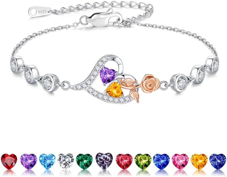 Iefil Christmas Gifts for Women - Birthstone Bracelet for Women, 925 Sterling Silver Rose Heart Charm Bracelets, Anniversary Birthday Gifts for Women Wife Mom Daughter, 6"+2"