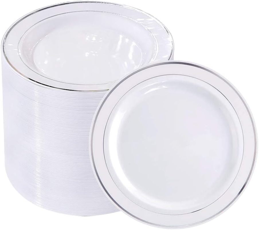 bUCLA 100Pieces Silver Plastic Plates - 6.25inch White with Silver Rim Disposable Salad/Dessert/Appetizer/Small Cake Plates for Weddings, Christmas, Parties&Gathering