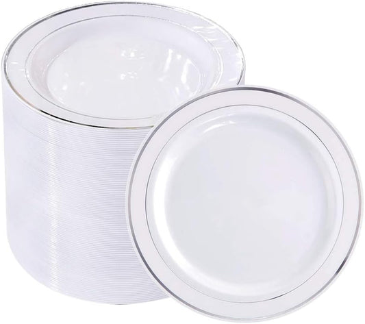 bUCLA 100Pieces Silver Plastic Plates - 6.25inch White with Silver Rim Disposable Salad/Dessert/Appetizer/Small Cake Plates for Weddings, Christmas, Parties&Gathering
