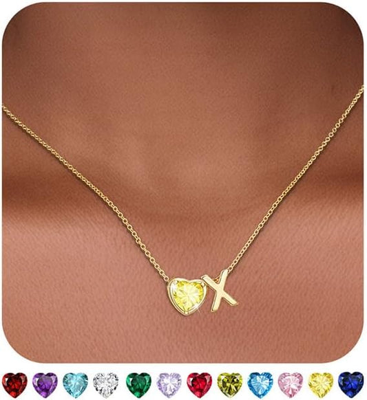 Heart Birthstone Initial Necklace for Women Girls,14K Gold Plated Heart Letter A-Z Necklace Dainty Birthday Trendy Jewelry Gifts for Women Girls Daughter