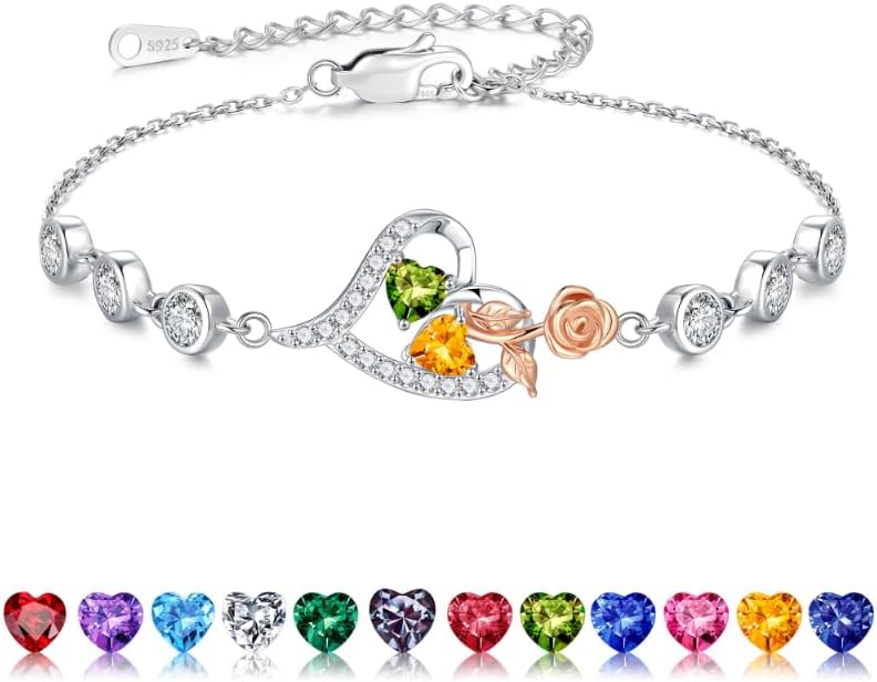 Iefil Christmas Gifts for Women - Birthstone Bracelet for Women, 925 Sterling Silver Rose Heart Charm Bracelets, Anniversary Birthday Gifts for Women Wife Mom Daughter, 6"+2"