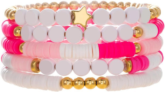 Friendship Bracelets for Women - Heishi Surfer Colorful Smile Evil Eye Clay Beaded Stretch Bracelets Elastic Layering - Stackable Boho Disc Y2K Aesthetic Summer Jewelry Set.