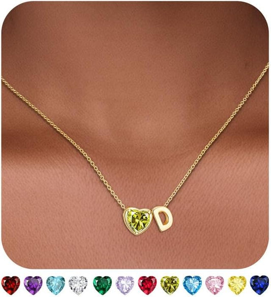 Heart Birthstone Initial Necklace for Women Girls,14K Gold Plated Heart Letter A-Z Necklace Dainty Birthday Trendy Jewelry Gifts for Women Girls Daughter