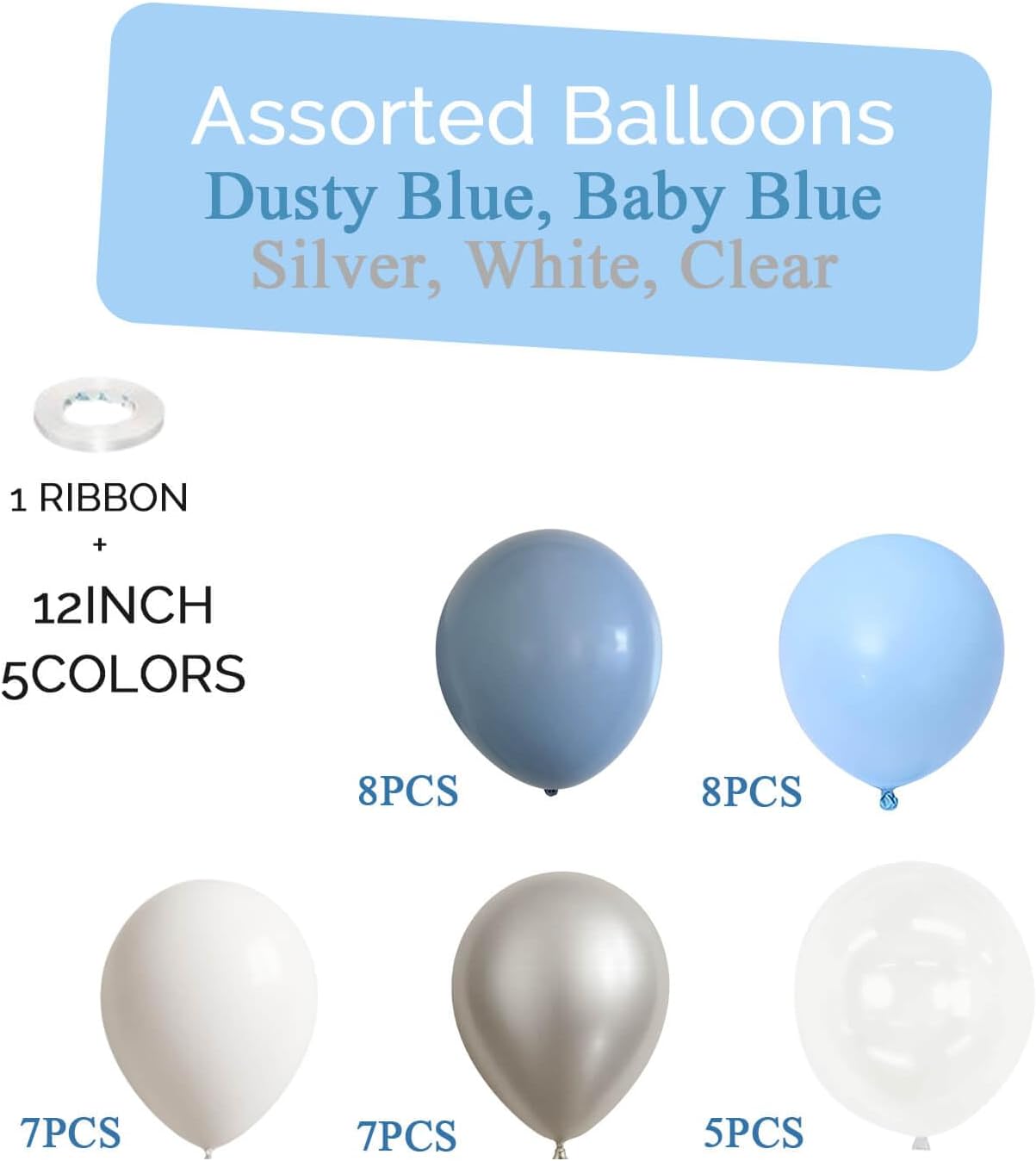 Dusty Blue and White Silver Balloons Bachelorette Party Decorations- 35Pcs 12in Baby Blue, White, Clear, Diamond Silver Latex Baloons for Bachelorette, Baby Shower Boy Party Décor