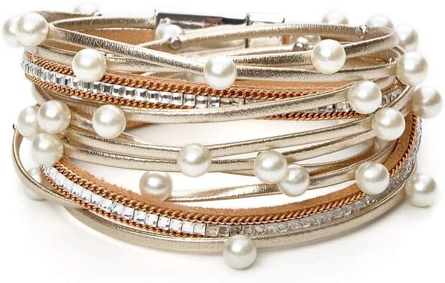 Fesciory Leopard Bracelet for Women, Boho Leather Wrap Multi-Layer Pearl Crystal Bracelet Bangle Jewelry