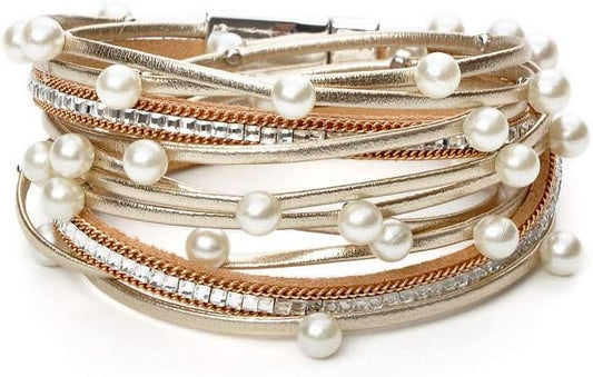 Fesciory Leopard Bracelet for Women, Boho Leather Wrap Multi-Layer Pearl Crystal Bracelet Bangle Jewelry