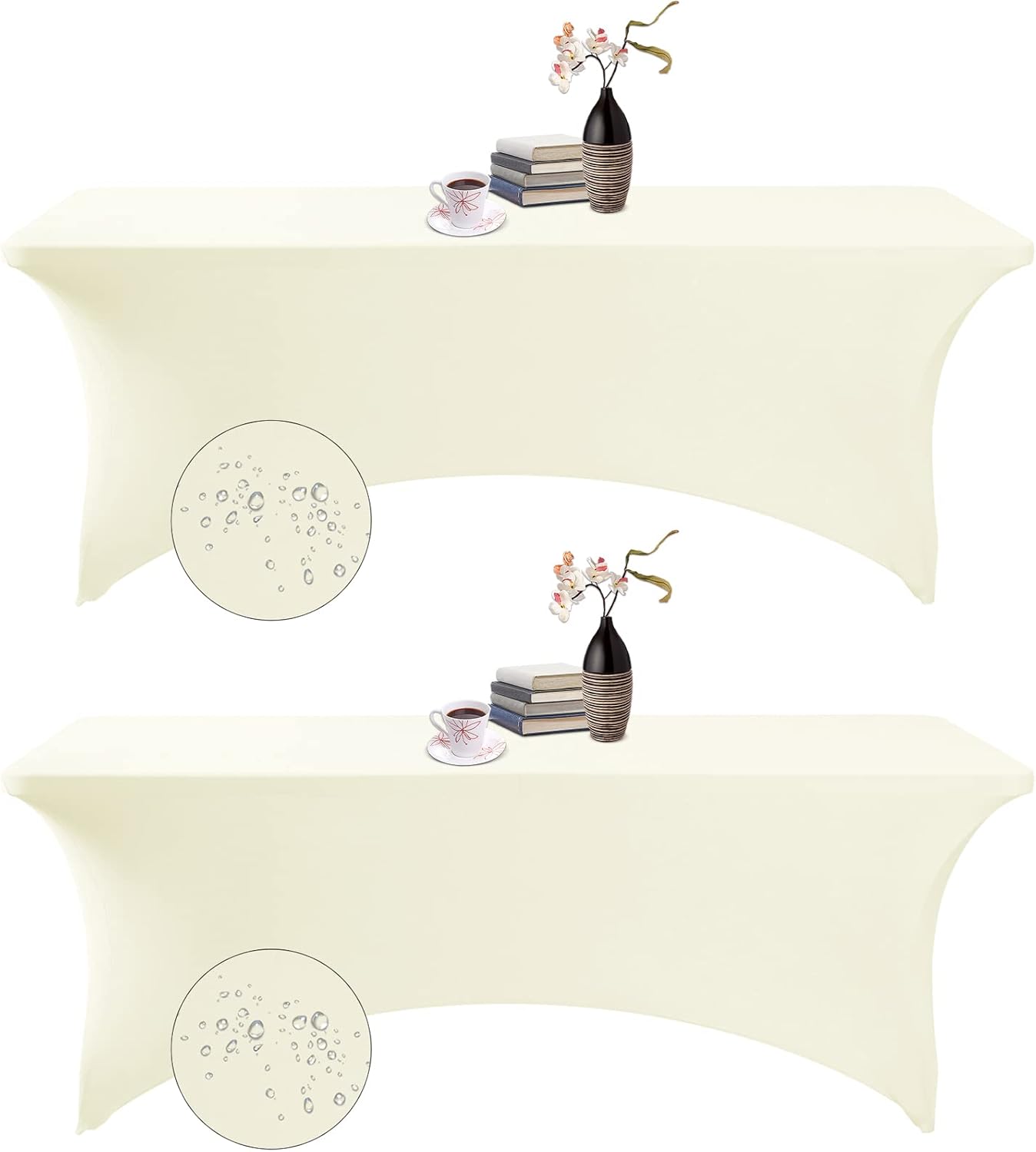 2Pack Spandex Waterproof Table Covers 8ft，Spandex 8ft Waterproof Table Cover for Party,Wedding, Banquet, and Events(Ivory)