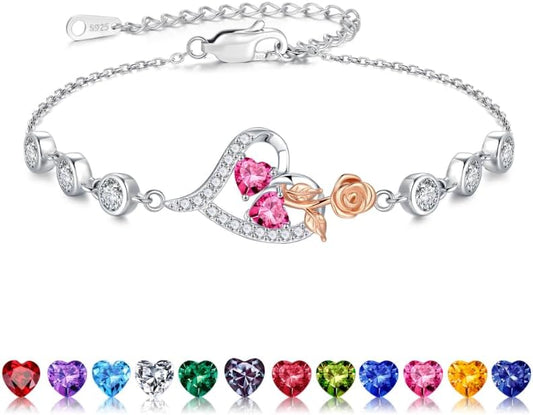 Iefil Christmas Gifts for Women - Birthstone Bracelet for Women, 925 Sterling Silver Rose Heart Charm Bracelets, Anniversary Birthday Gifts for Women Wife Mom Daughter, 6"+2"