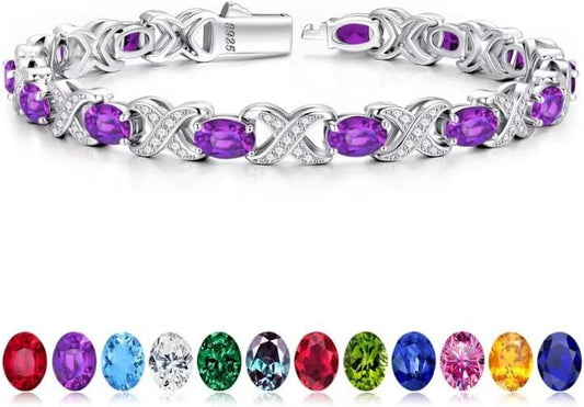 Iefil Oval Birthstone Bracelets for Women, Sterling Silver Tennis Bracelets Unique X O Design Fine Jewelry Christmas Gifts Anniversary Birthday Gifts for Her Birthstone Jewelry for Wife Mom Grandma