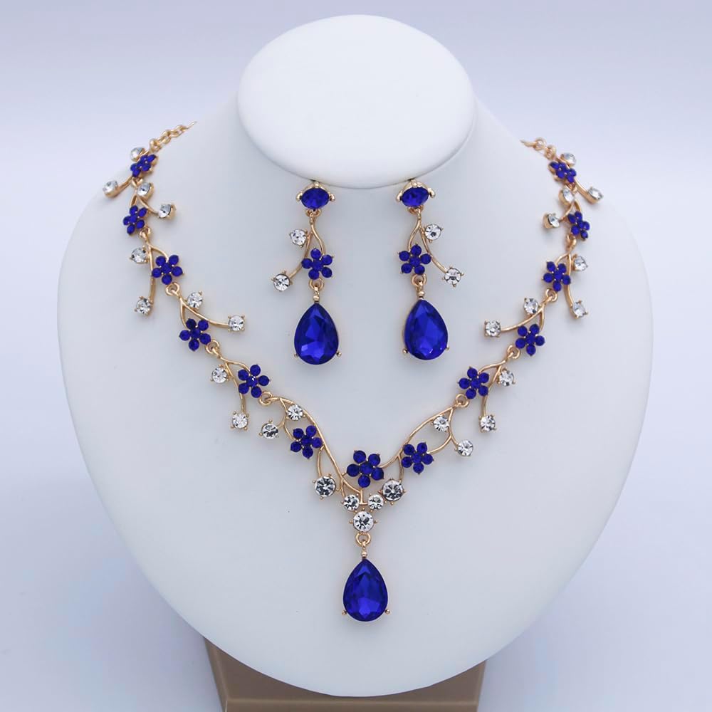 Jewelry Sets for Women Wedding Flower Necklace and Dangle Earrings Gold-Plated Rhinestones Teardrop Pendants Necklace Set for Bridal Party Accessories