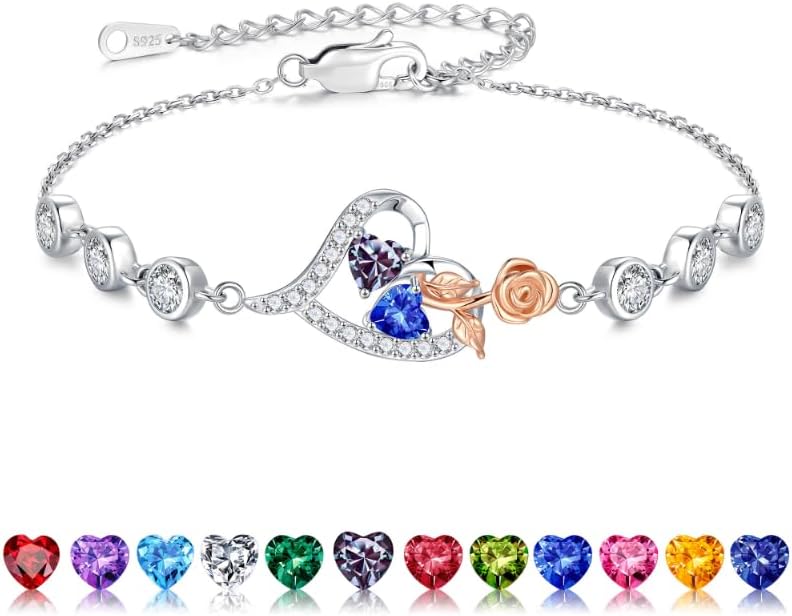 Iefil Christmas Gifts for Women - Birthstone Bracelet for Women, 925 Sterling Silver Rose Heart Charm Bracelets, Anniversary Birthday Gifts for Women Wife Mom Daughter, 6"+2"