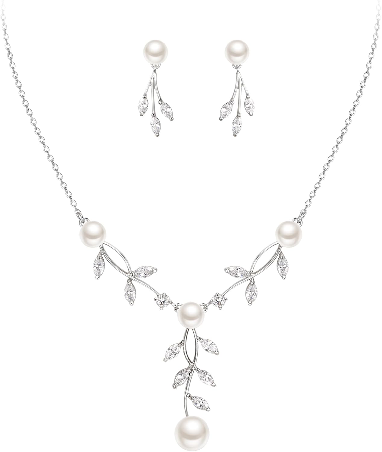 EleQueen Women's Simulated Pearl Wedding Jewelry Set, Cubic Zirconia Marquise Floral Bridal Necklace Earrings Bracelet Sets