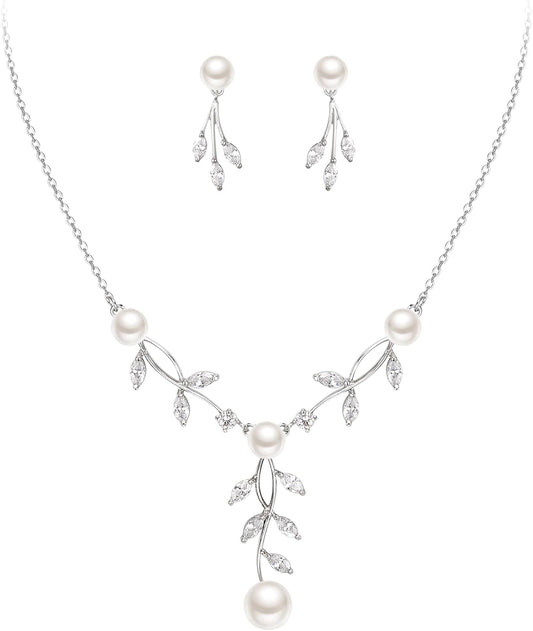 EleQueen Women's Simulated Pearl Wedding Jewelry Set, Cubic Zirconia Marquise Floral Bridal Necklace Earrings Bracelet Sets
