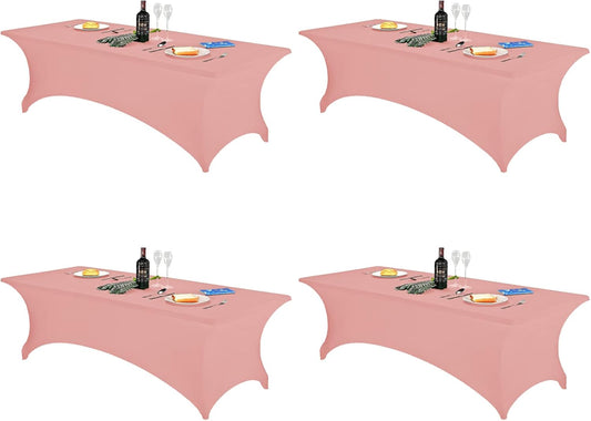 FORLIFE Spandex Table Covers - Fitted 8ft Rectangular Tablecloths, Stretch Patio Table Covers, Universal for Wedding, Banquet, Party (Dusty Rose) - Pack of 4