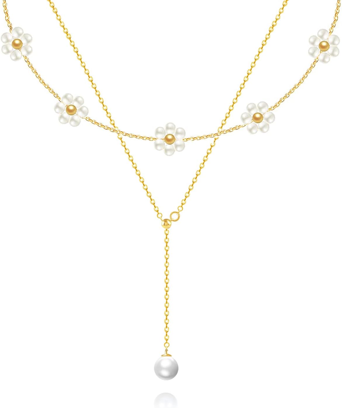 OGD Gold Pearl Necklaces Set for Women 14K Gold Plated Dainty Layered Pearl Cute Daisy Pearl Choker Gold Necklace Gifts for Women Gold Trendy Jewelry Gifts