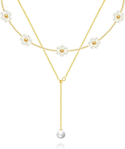 OGD Gold Pearl Necklaces Set for Women 14K Gold Plated Dainty Layered Pearl Cute Daisy Pearl Choker Gold Necklace Gifts for Women Gold Trendy Jewelry Gifts