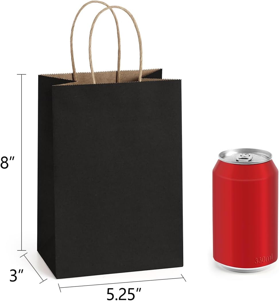 BagDream Small Gift Bags with Handles 50Pcs 5.25x3x8 Kraft Paper Bags Bulk for Party Favor, Retail, Merchandise, Wedding, Gifts, Recyclable Black Paper Sacks