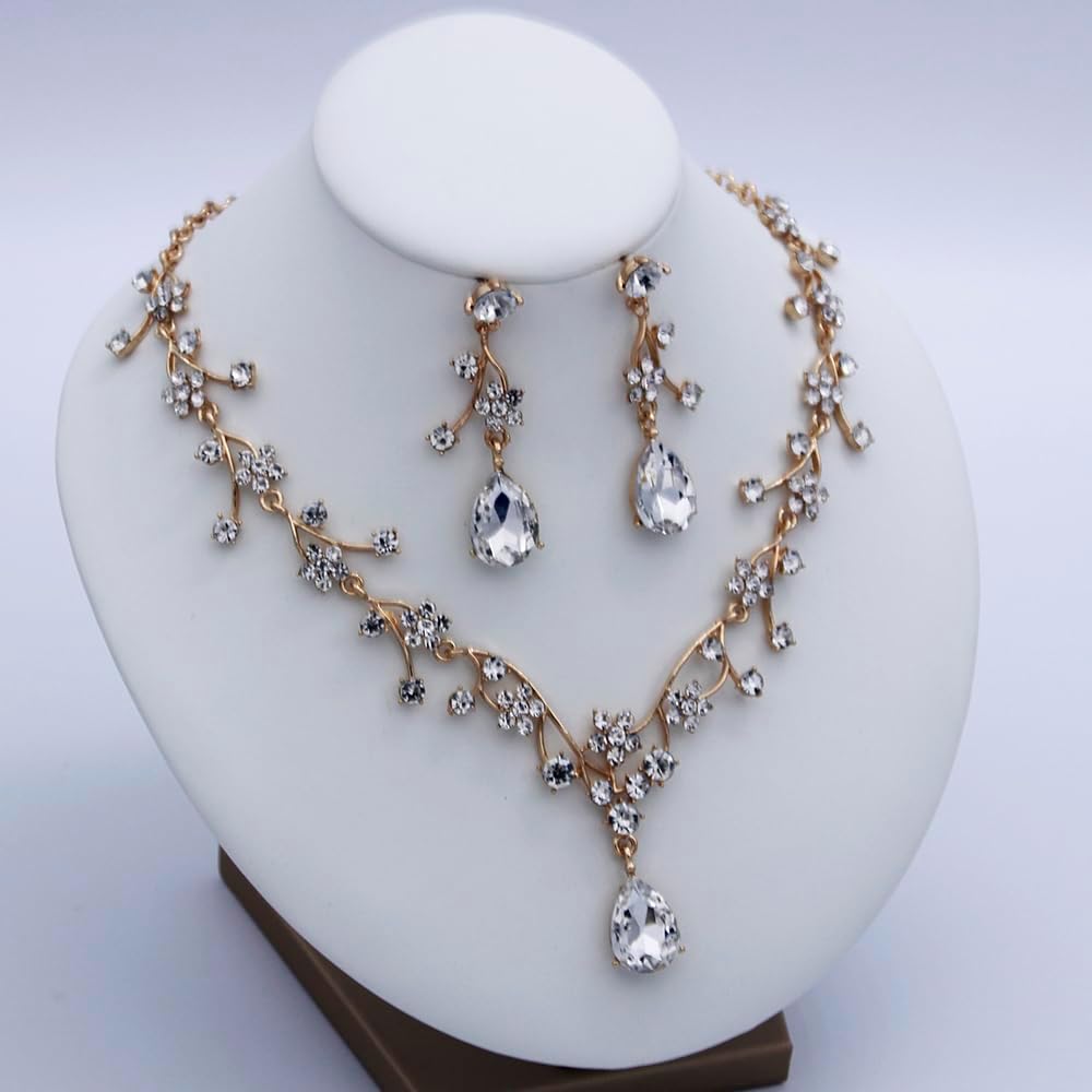 Jewelry Sets for Women Wedding Flower Necklace and Dangle Earrings Gold-Plated Rhinestones Teardrop Pendants Necklace Set for Bridal Party Accessories