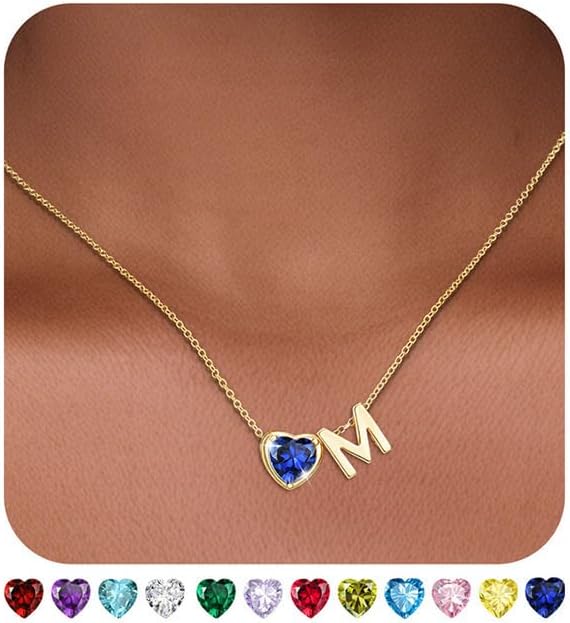 Heart Birthstone Initial Necklace for Women Girls,14K Gold Plated Heart Letter A-Z Necklace Dainty Birthday Trendy Jewelry Gifts for Women Girls Daughter