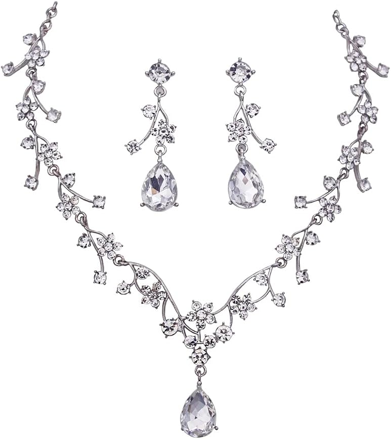 Jewelry Sets for Women Wedding Flower Necklace and Dangle Earrings Gold-Plated Rhinestones Teardrop Pendants Necklace Set for Bridal Party Accessories