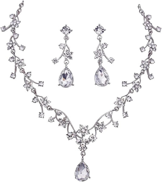 Jewelry Sets for Women Wedding Flower Necklace and Dangle Earrings Gold-Plated Rhinestones Teardrop Pendants Necklace Set for Bridal Party Accessories