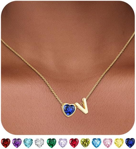 Heart Birthstone Initial Necklace for Women Girls,14K Gold Plated Heart Letter A-Z Necklace Dainty Birthday Trendy Jewelry Gifts for Women Girls Daughter