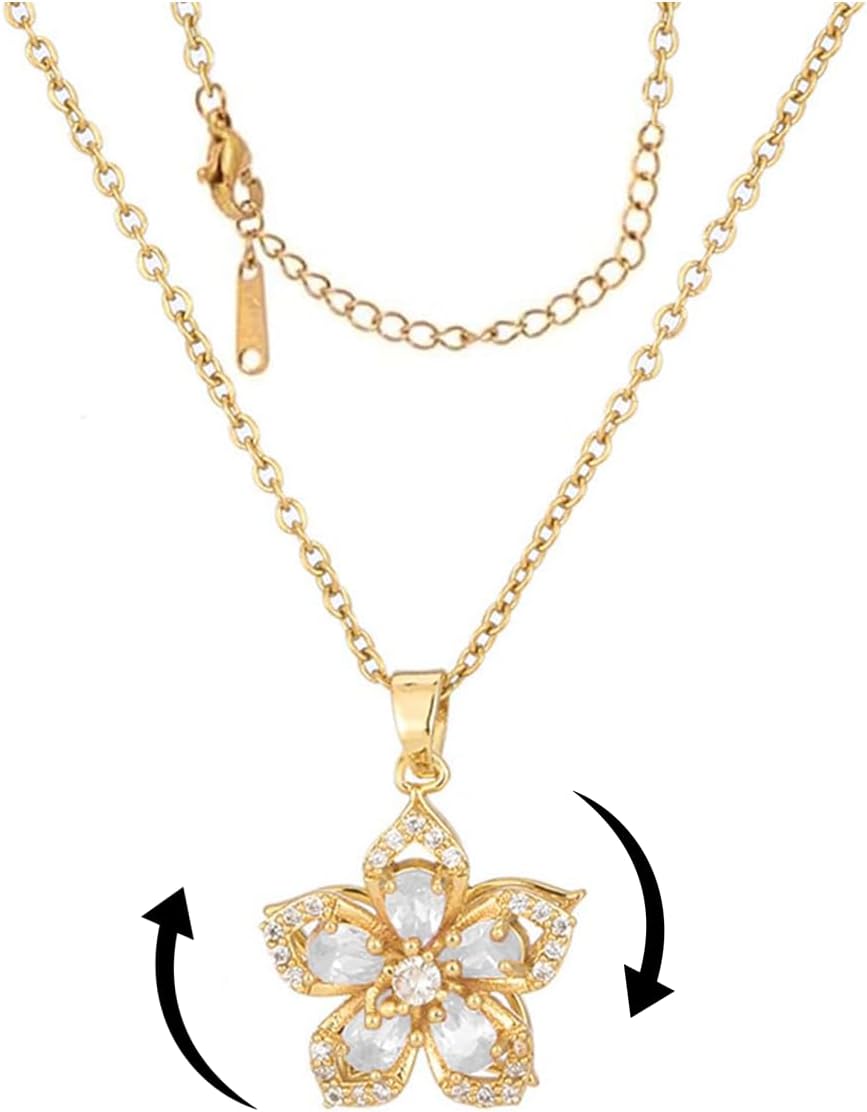 Necklace for Women Gold Flower Fidget Necklace Rotatable Crystal Silver Blossom Pendant Necklaces Adjustable Spinning Fidget Necklaces Redbud Flower Choker Funny Gift Jewelry