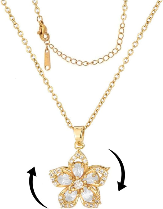 Necklace for Women Gold Flower Fidget Necklace Rotatable Crystal Silver Blossom Pendant Necklaces Adjustable Spinning Fidget Necklaces Redbud Flower Choker Funny Gift Jewelry