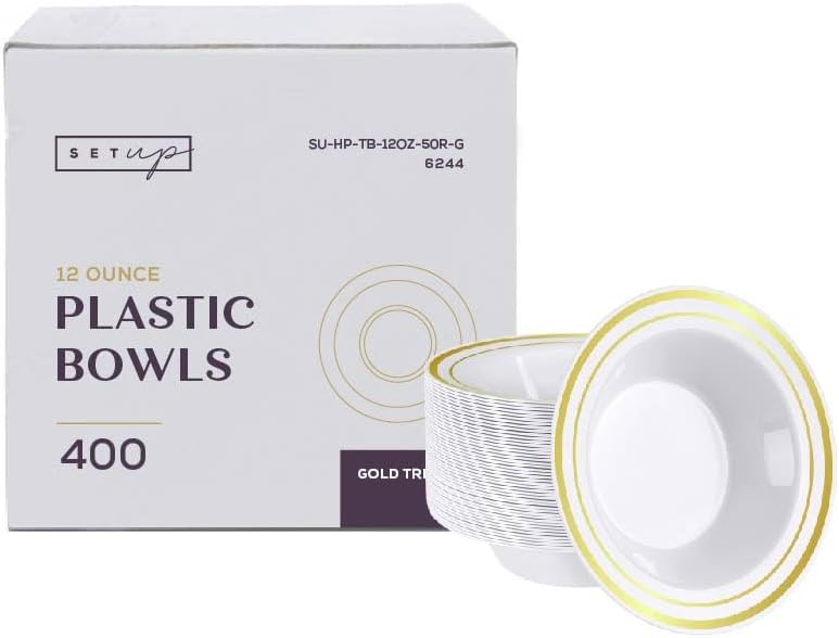 SETUP [Case of 400 12 oz. Dessert Soup Bowls with Gold Rim, Plastic Bowls Disposable - Premium Heavy-Duty Disposable Soup Bowls for Party, Wedding, and All Occasions