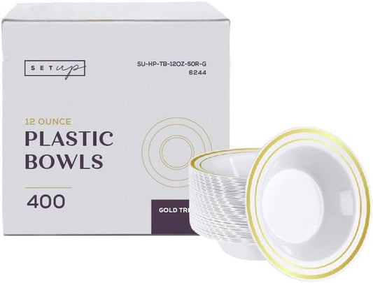 SETUP [Case of 400 12 oz. Dessert Soup Bowls with Gold Rim, Plastic Bowls Disposable - Premium Heavy-Duty Disposable Soup Bowls for Party, Wedding, and All Occasions