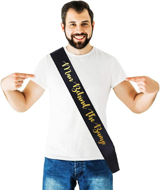 "Man Behind The Bump" Funny Baby Shower Sash for Daddy to Be, Baby Shower Party Decorations Gifts Supplies Dad to Be Baby Gender Reveal Ideas New Father Favors (Black and Gold)