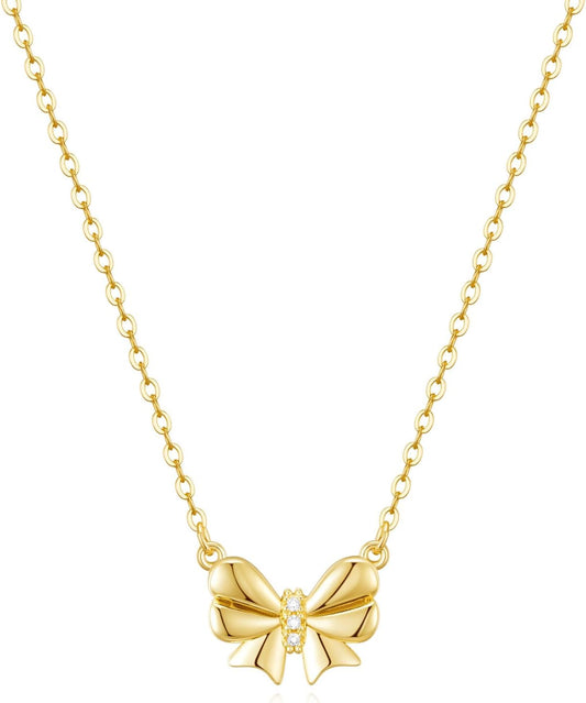 Stocking Stuffers for Women Dainty Bow Necklace 14K Gold Plated Cute Choker Small Pendant Charm Necklaces Teen Gift Trendy Stuff Personalized Jewelry Christmas Gifts