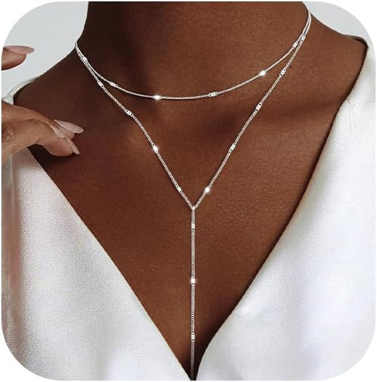 Luxval Lariat Gold Necklace for Women, Dainty Long Necklace 14k Gold Plated/Silver Y-Shaped Pendant Necklaces Trendy Beaded Chain Drop Necklaces Jewelry for Women Gifts