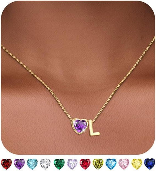Heart Birthstone Initial Necklace for Women Girls,14K Gold Plated Heart Letter A-Z Necklace Dainty Birthday Trendy Jewelry Gifts for Women Girls Daughter