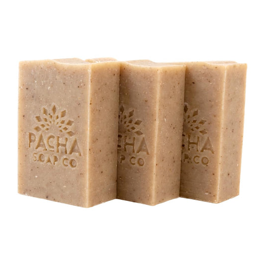 Pacha Soap Co. Dirty Hippie Bar Soap - Patchouli, Nutmeg, & Clove Scented Exfoliating Oat Body and Face Cleanser Bar Soap, Hydrating & Moisturizing Total Body Wash, Handcrafted Made in the USA, 3-Pack