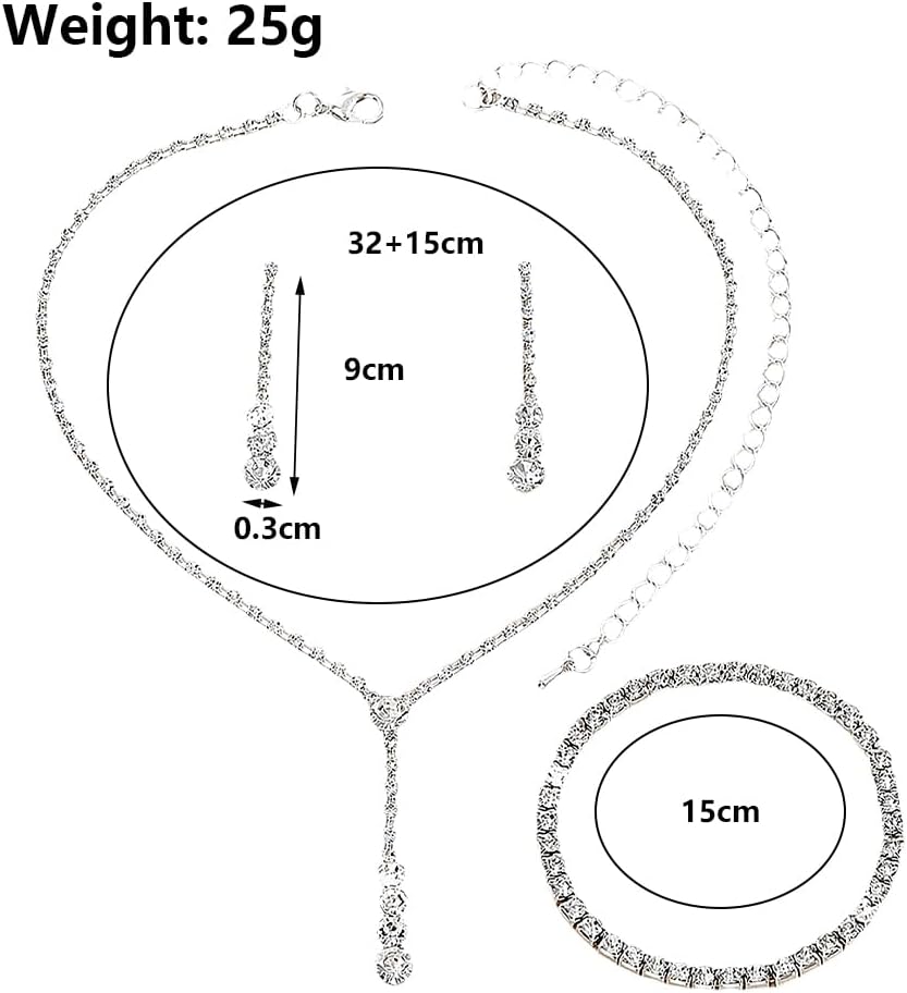 GIGB PBDK Dainty Silver Jewelry Set Crystal Rhinestone Pendant Necklace Bracelet Earrings Trendy Bridal Wedding Prom Dresses Costume Jewelry Sets for Women Wife