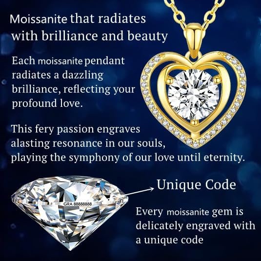Heart Pendant Gold Necklace for Women Moissanite Lab-Created Gem I Love You Wedding Anniversary Birthday Christmas Valentine Engagements Mothers Day Jewelry for Wife Her Girlfriend Mom Daughter