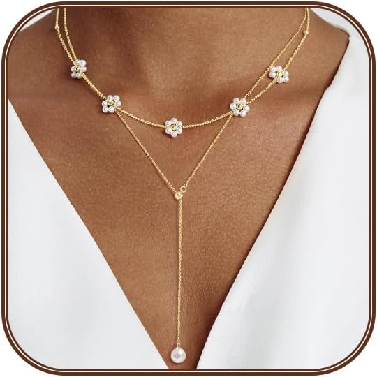 OGD Gold Pearl Necklaces Set for Women 14K Gold Plated Dainty Layered Pearl Cute Daisy Pearl Choker Gold Necklace Gifts for Women Gold Trendy Jewelry Gifts