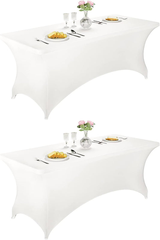 LZY Spandex Table Covers 6 Feet, Stretch/Fitted Table Covers for 6 Feet Folding Table, Rectangular Spandex Table Cloths for Wedding Party or Event (6FT-2PCS, White)