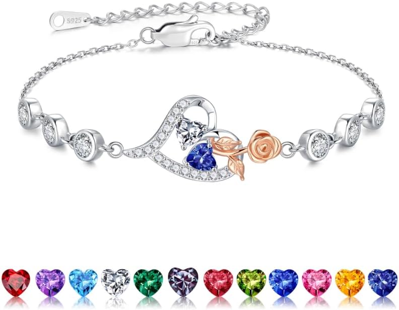 Iefil Christmas Gifts for Women - Birthstone Bracelet for Women, 925 Sterling Silver Rose Heart Charm Bracelets, Anniversary Birthday Gifts for Women Wife Mom Daughter, 6"+2"