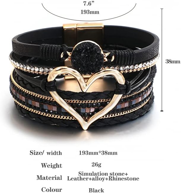 Leather Wrap Bracelet for Women Beaded Cuff Bracelet with Heart-shape Decor Bohemian Crystal Bracelet Jewelry with Clasp Bangle Bracelet for Women Girls Birthday Holiday Gift