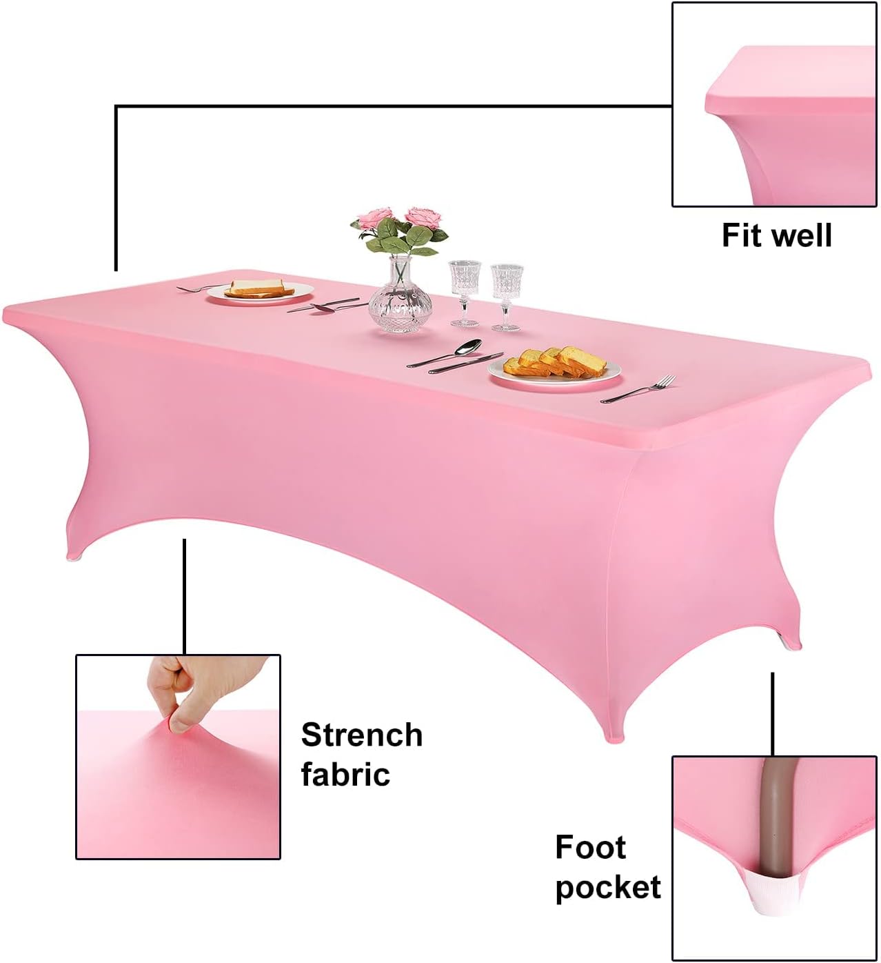 FORLIFE Spandex Table Covers - Fitted 8ft Rectangular Tablecloth, Stretch Patio Table Cover for Wedding, Banquet, Party (Pink)