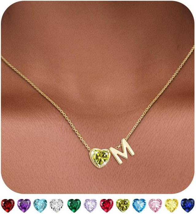 Heart Birthstone Initial Necklace for Women Girls,14K Gold Plated Heart Letter A-Z Necklace Dainty Birthday Trendy Jewelry Gifts for Women Girls Daughter