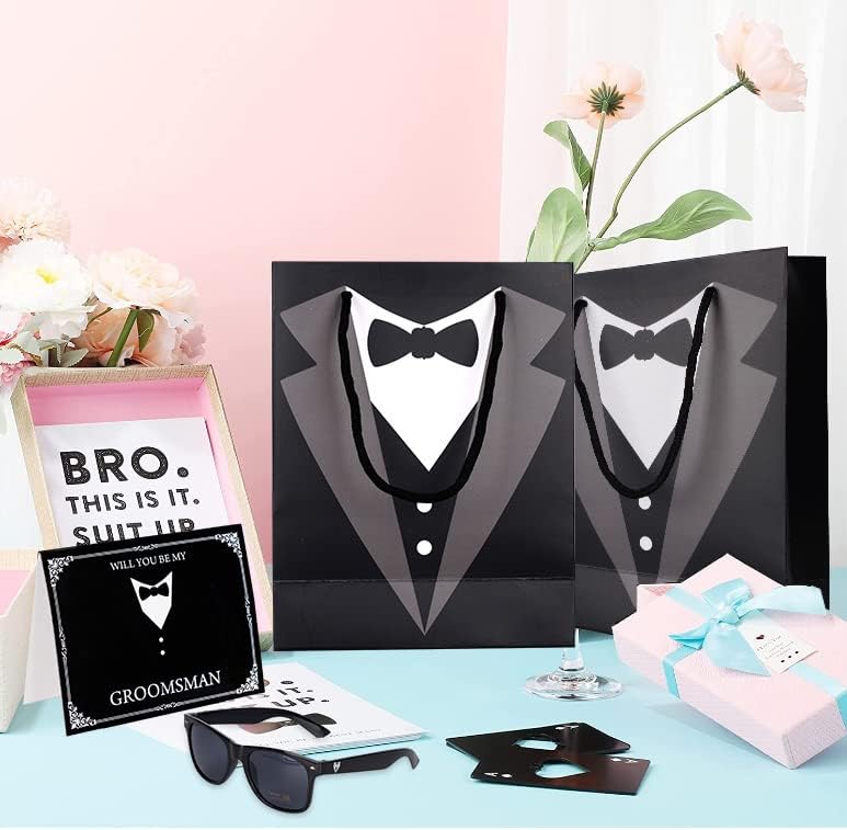 6 Pieces Groomsmen Gifts Set : 1 Pcs 8oz Stainless Steel Tuxedo Flask 1 Pcs Poker Bottle Cap Opener 1 Pcs Groomsmen Gauge Glasses 1 Pcs Sunglasses 1 Pcs Card 1 Pcs Groomsmen Gift Bags for Wedding