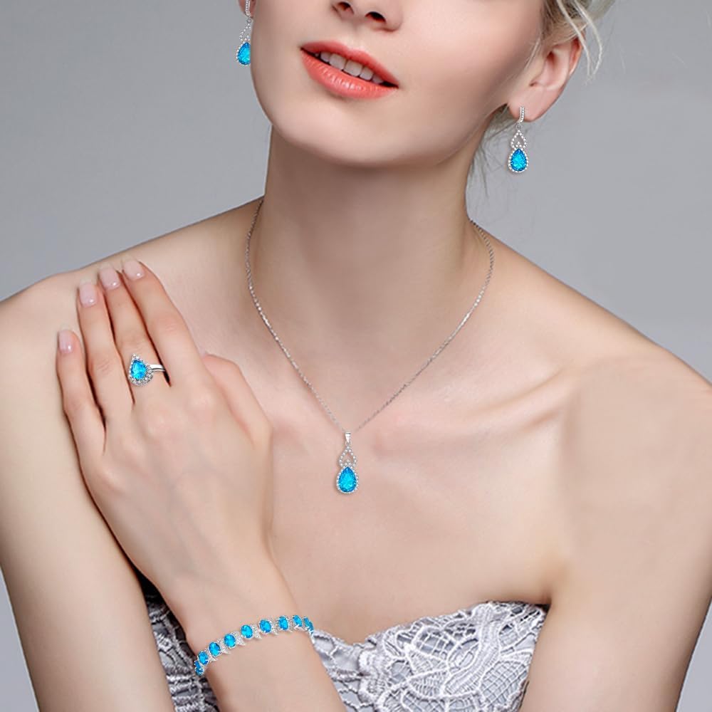 BriLove Wedding Jewelry Set for Women Bride Bridesmaid, Gorgeous Cubic Zirconia Teardrop Necklace Earrings Bracelet Adjustable Ring Jewelry Gift for Birthday/Anniversary/Mother’s Day