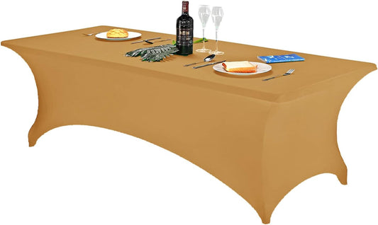 FORLIFE 8FT Rectangular Spandex Tablecloth, Gold, Universal Fitted Table Cover for Wedding, Banquet, Party, Wrinkle Resistant, All-Season, Reusable, Washable