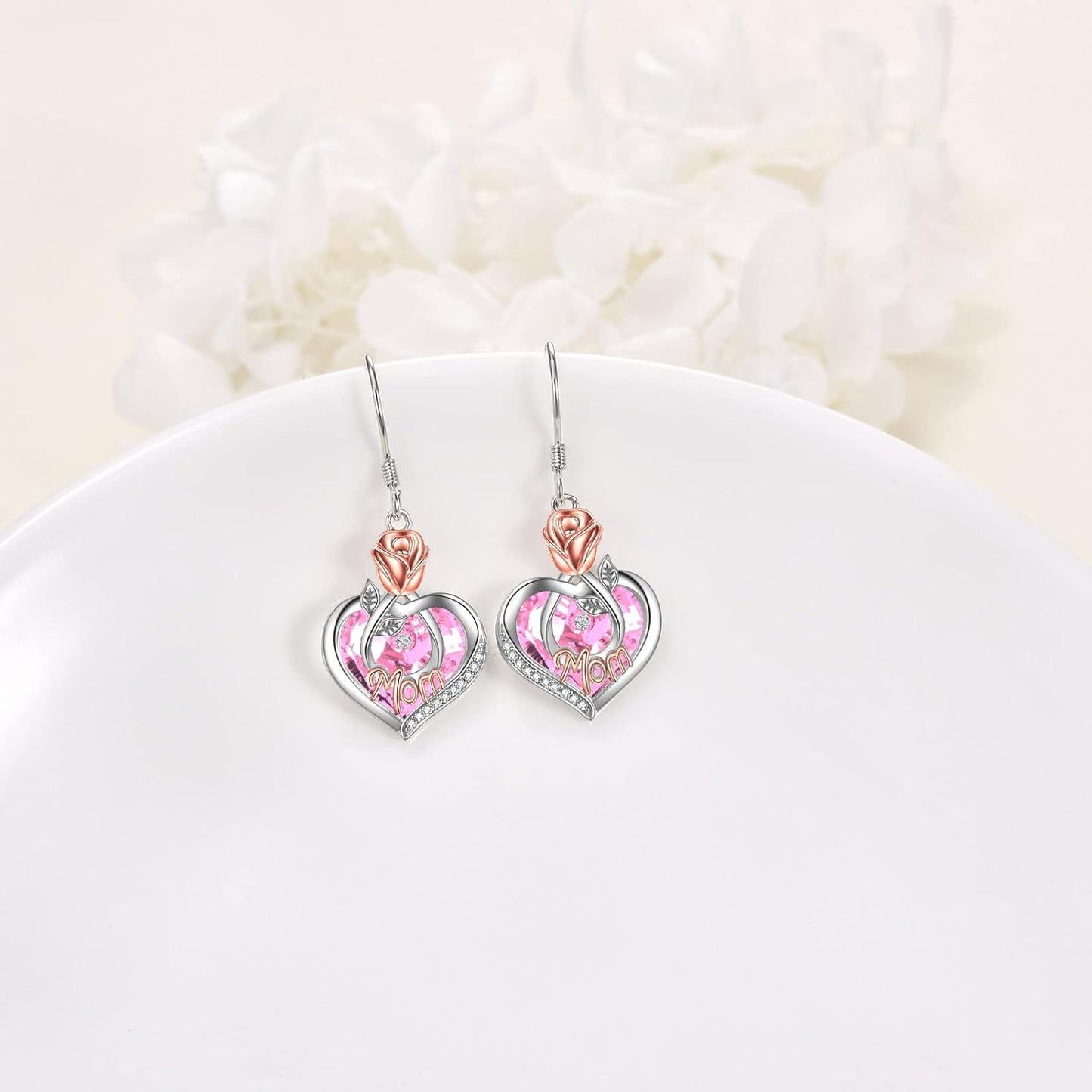 Mom Earrings with Rose Flower Love Heart 925 Sterling Silver Crystal Dangle Drop Hook Earrings Jewelry